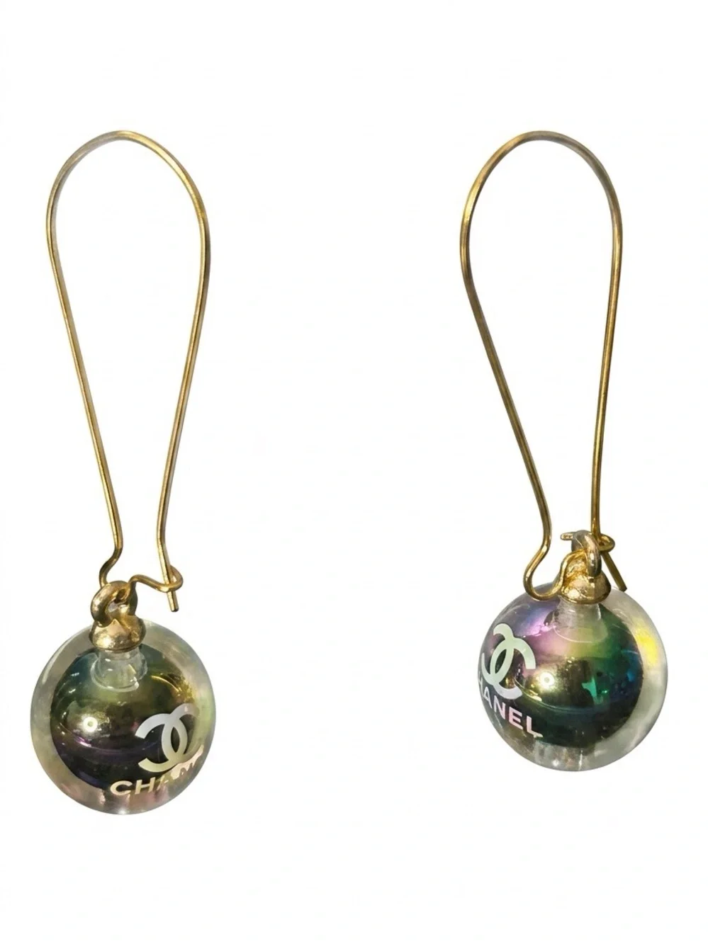 Gold Drop Earrings with Iridescent Multicolor Globe